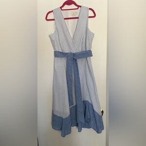 Ladies blue & white striped cotton dress with tie belt. Sz Lg (runs small)